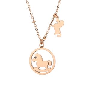 Rose gold stainless steel necklace featuring rocking horse and puppy pendants on white background