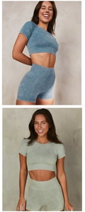 Détails du tissu en maille de l'ensemble de yoga avec haut court et short taille haute