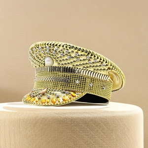 Handmade gold captain hat with glittering rhinestones and pearls for stage and parties