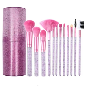 Professional 12pcs pink glitter makeup brush set with matching cylinder storage case