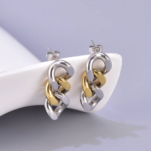 Two-tone gold and silver chain link tassel earrings in minimalist stainless steel style