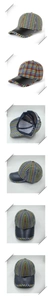 Detail of colorful houndstooth baseball cap with a premium black leather brim texture