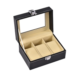 3-slot black faux leather watch organizer box with glass lid and soft pillows