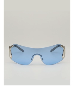 Detail of blue rimless wrap-around sunglasses featuring silver metal snake temple accents