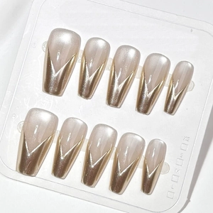 Golden Cat Eye Press On Nails Long Coffin Metallic V Shape French Tip Luxury Elegant Manicure Fake Nails