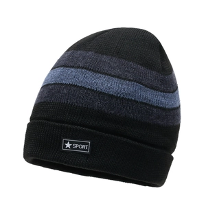 Men winter fleece lined jacquard knit beanie with sport patch in black and blue stripes