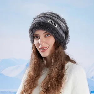 Winter thermal grey knit hat with faux fur earflaps and metallic thread for women