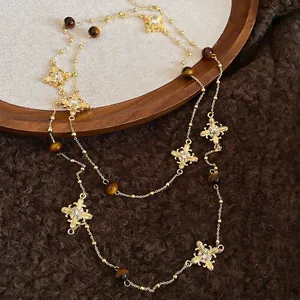 Vintage tiger eye stone cross necklace with crystals and gold beads for women