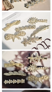Detailed view of elegant crystal bow and pearl hair clips with luxury gold finish