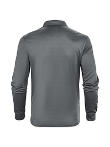 Detailed back view of grey long-sleeve polo shirt showing breathable mesh fabric texture