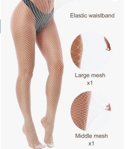 Macro detail of white fishnet stockings showing large mesh patterns and elastic waistband