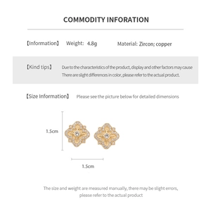Detailed specs for gold plated clover earrings with zircon and copper material details