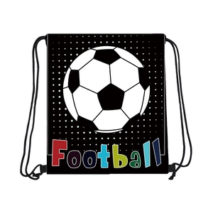 Black Oxford polyester drawstring backpack with a large football graphic and sports logo