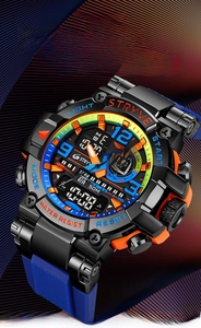 Close-up of waterproof dual display sports watch with blue silicone strap and orange buttons