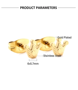 Detailed view of gold plated stainless steel crown stud earrings with size specs