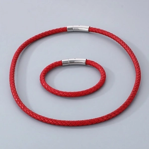 Collier Et Bracelet En Cuir De Vachette Tressé Avec Fermoir Magnétique En Acier Inoxydable Bijoux De Mode Pour Hommes Femmes