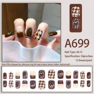 Brown heart and houndstooth pattern short press-on nails set with 24 pieces