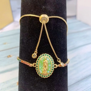 Adjustable gold Virgin Mary bracelet with colorful zircon stones and slider chain