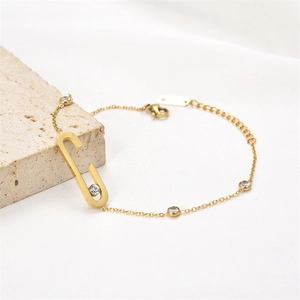 Elegant 18K gold-plated C-letter bracelet with embedded crystals and a minimalist chain