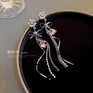 Silver drop earrings with sparkling bow, pink heart crystal and long fringe tassels