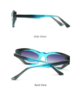 Vista laterale e posteriore di occhiali da sole cat-eye con montatura sfumata blu-grigio e lenti