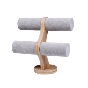 Double-tier bamboo jewelry display stand with grey velvet rollers for bracelets