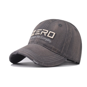Washed dark grey cotton baseball cap with ZERO embroidery and distressed brim detail