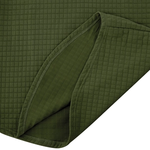 Macro detail of men's quarter-zip sweatshirt fabric with olive green quilted texture