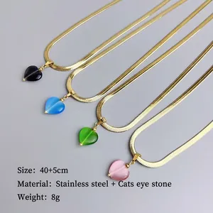 Minimalist 18K gold plated stainless steel snake chain necklaces with cat eye heart pendants