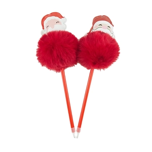 Pair of festive red Christmas pens featuring plush Santa Claus toppers and vibrant pom-poms