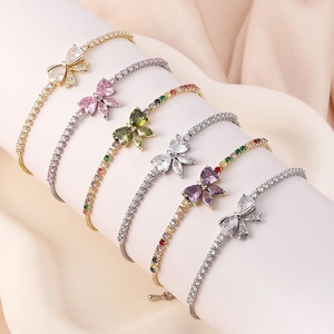 Sparkling zircon heart and bow charm bracelets with adjustable tennis chain structure
