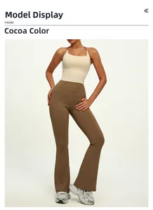 Detail of high-waist cocoa yoga flare pants and beige sports top on a studio model