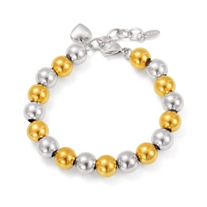 Vue détaillée du bracelet à billes bicolores avec fermoir mousqueton et pendentif cœur