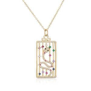 Detail of 18K gold-plated rectangle pendant with colorful zircon snake design