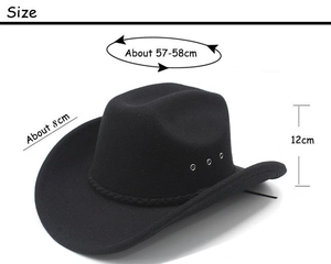 Größentabelle für schwarzen Western-Cowboyhut aus Wollfilz mit genauen Maßangaben zum Hut