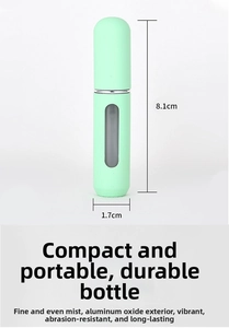 Detailed macro view showing the 8.1cm height and 1.7cm width of the mint green perfume spray bottle