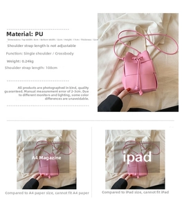 Pink woven drawstring bucket bag size detail with A4 paper and iPad comparison