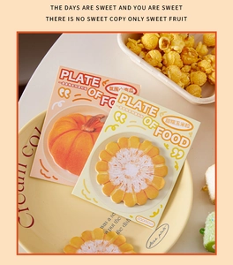 Detail of creative pumpkin and corn shaped sticky notes from the Food Plate series