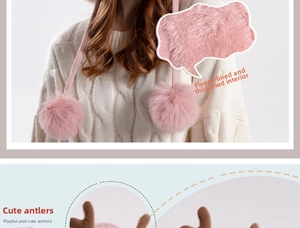 Close-up of pink knit hat featuring brown antlers and soft plush thickened fleece lining