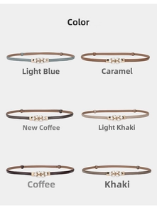 Selection of slim leather belts for women with decorative gold pearl buckles in six colors