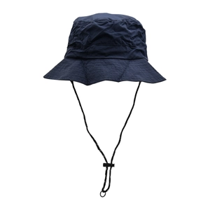 Detail of navy blue outdoor sun hat with adjustable windproof drawstring and nylon texture