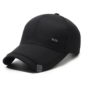 Minimalist black cotton baseball cap for men featuring sport fashion side tag and metal accent