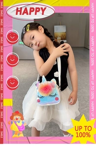Borsa a tracolla da bambina a forma di unicorno in materiale blu iridescente con pompon
