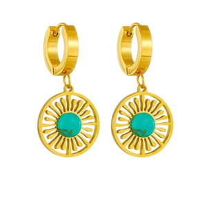 Vintage titanium steel hoop earrings with turquoise stone in hollow round sunburst design