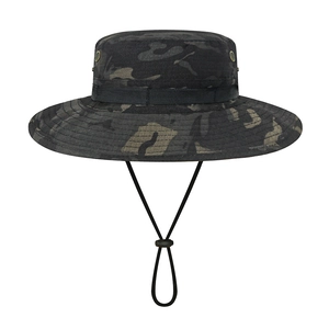 Tactical jungle camouflage boonie hat with wide brim and adjustable chin strap for outdoors