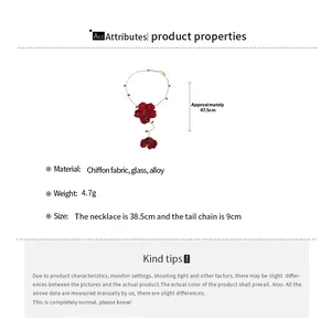 Detailed size and material chart for burgundy chiffon flower Y-shaped pendant necklace