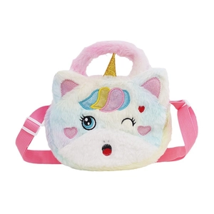Rainbow plush unicorn cat shoulder bag for girls with adjustable pink strap and golden horn