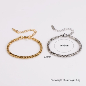 3.7mm stainless steel braided keel bracelets in gold and silver finish, 16+5cm length