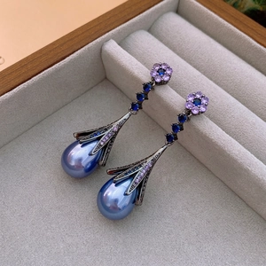 Vintage French Floral Waterdrop Dangle Earrings With Faux Artificial Pearl Rhinestone Brass Silver Earring Post For Women