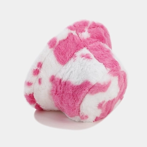 Pink and white cow print faux fur bucket hat with a fluffy texture for women